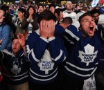 Toronto Maple Leafs Fans Watching Stanley Cup Game At Tailgate Party In Toronto