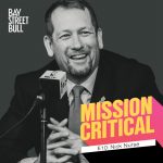 Toronto Raptors Nick Nurse wearing suit in front of microphone in black and white photo with Mission Critical and Bay Street Bull branding