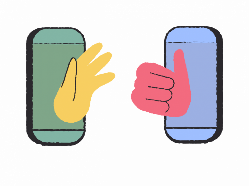 two phones with hands waving