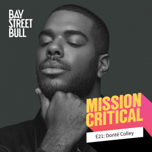 A black and white photo of Donté Colley, Content Creator, with his chin resting on his hand and his eyes closed. Bay St. Bull and Mission Critical branding.