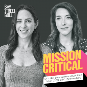 A black and white photo of Hali Borenstein in a long-sleeve shirt and Kathleen Talbot in a polka dot blouse. Bay Street Bull and Mission Critical Branding.