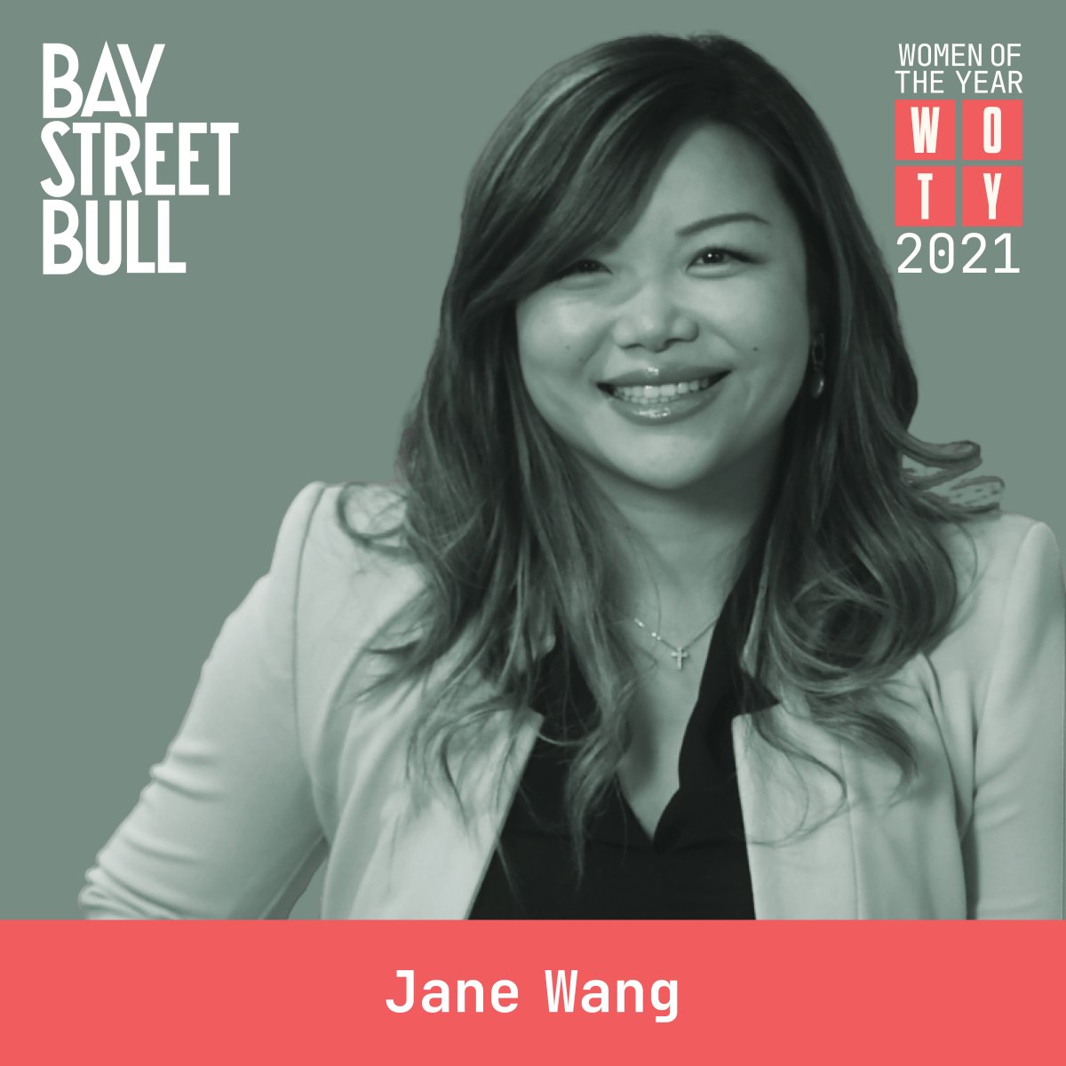 black and white image of Jane Wang in blazer