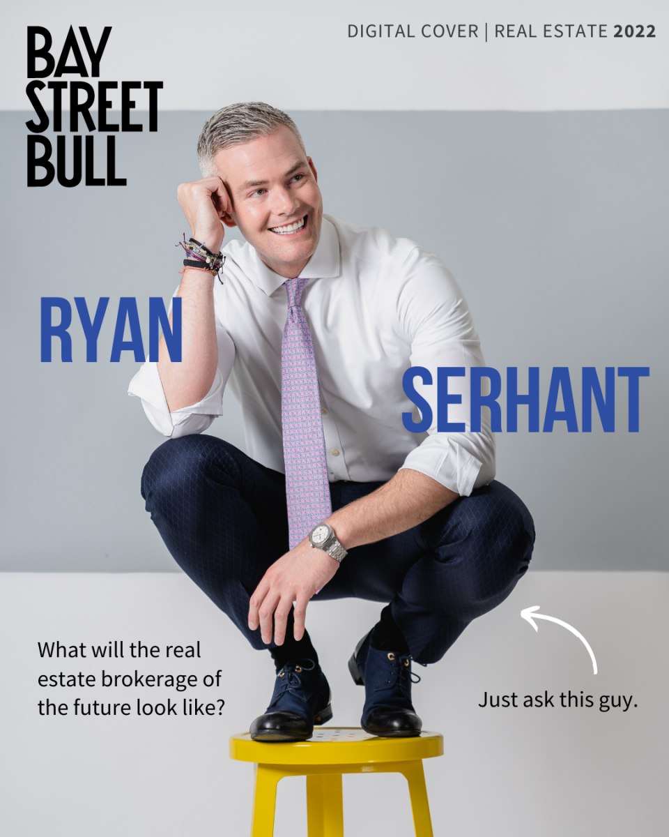 Ryan Serhant kneeling on yellow stool against grey backdrop with cover lines on top of image