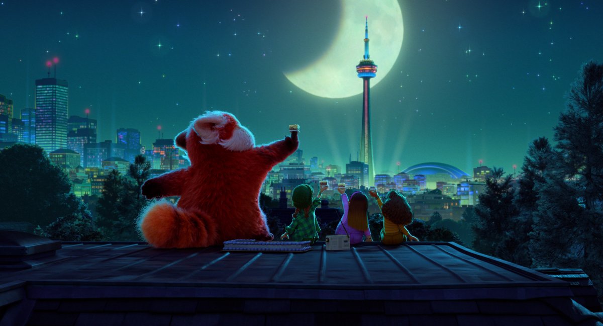 Animated giant red panda with young children looking at Toronto skyline at night with CN tower