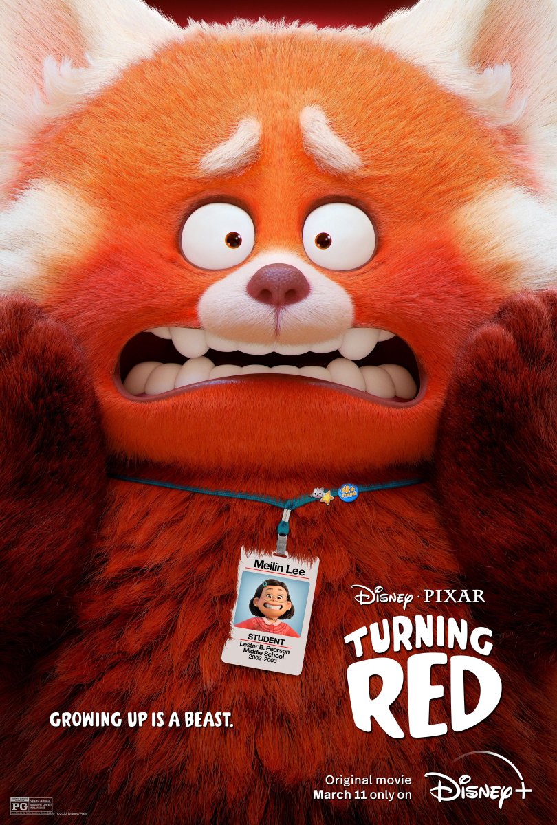 Movie poster of Turning Red movie with giant animated red panda looking panicked